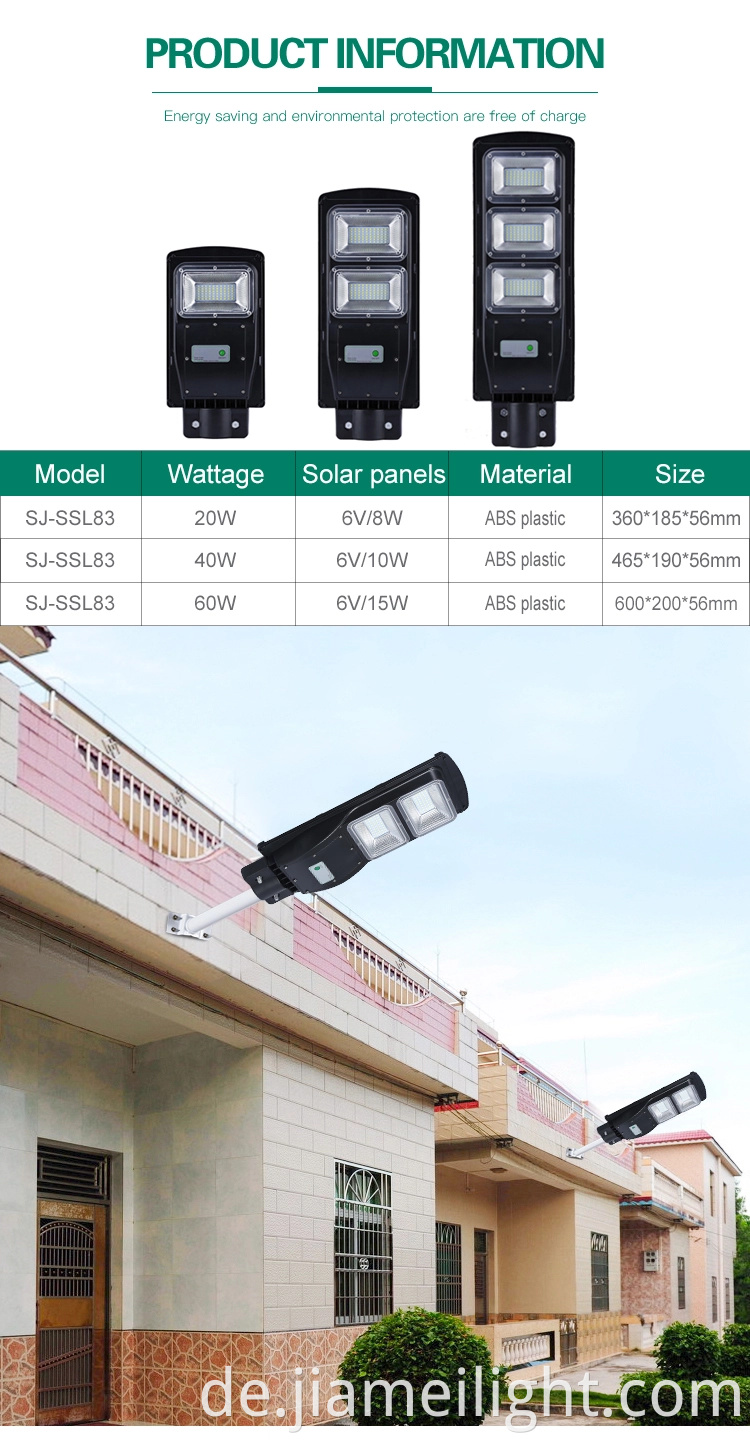 Großhandel Energiesparung wasserdichte Garden Street Lampe 20W 40W 60W All in einem Solar -LED -Straßenlicht